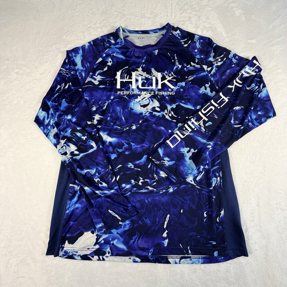 Huk Shirt Performance Fishing Men's L Blue Performance Mossy Oak Hydro Camo